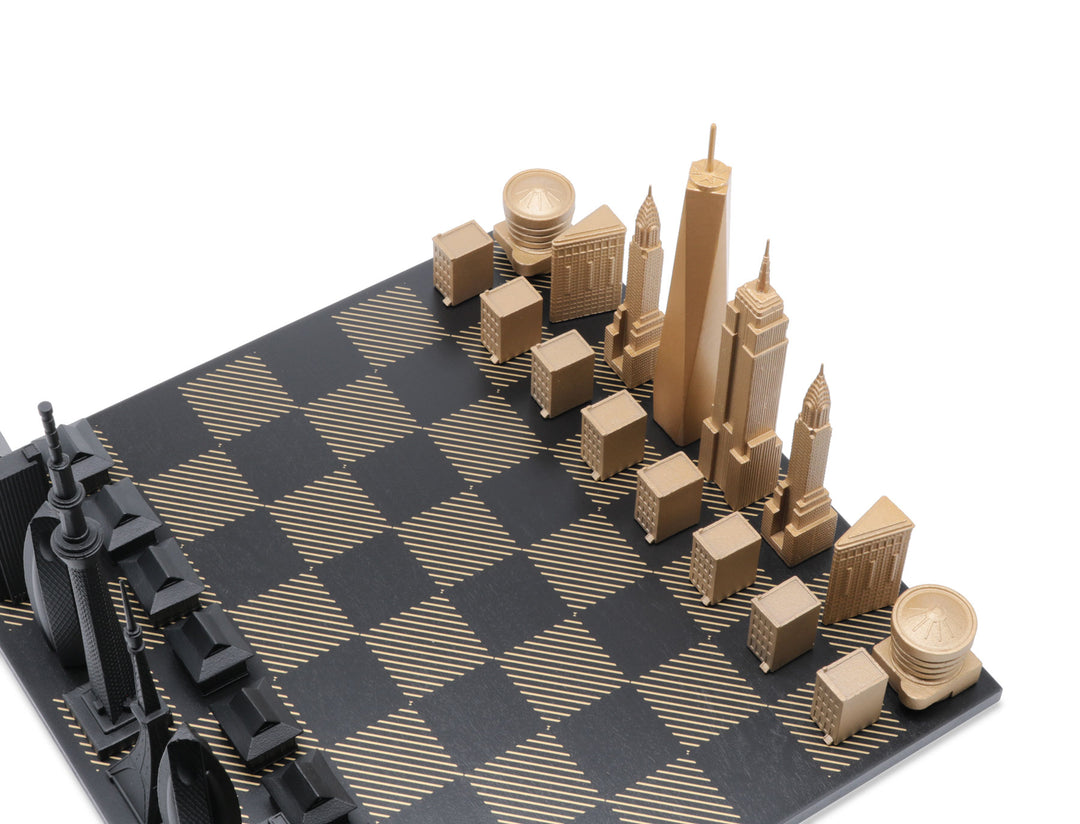 Skyline Chess Set, Doha Vs Dubai, Bronze, Corner View, Gold Wooden Hatch Board