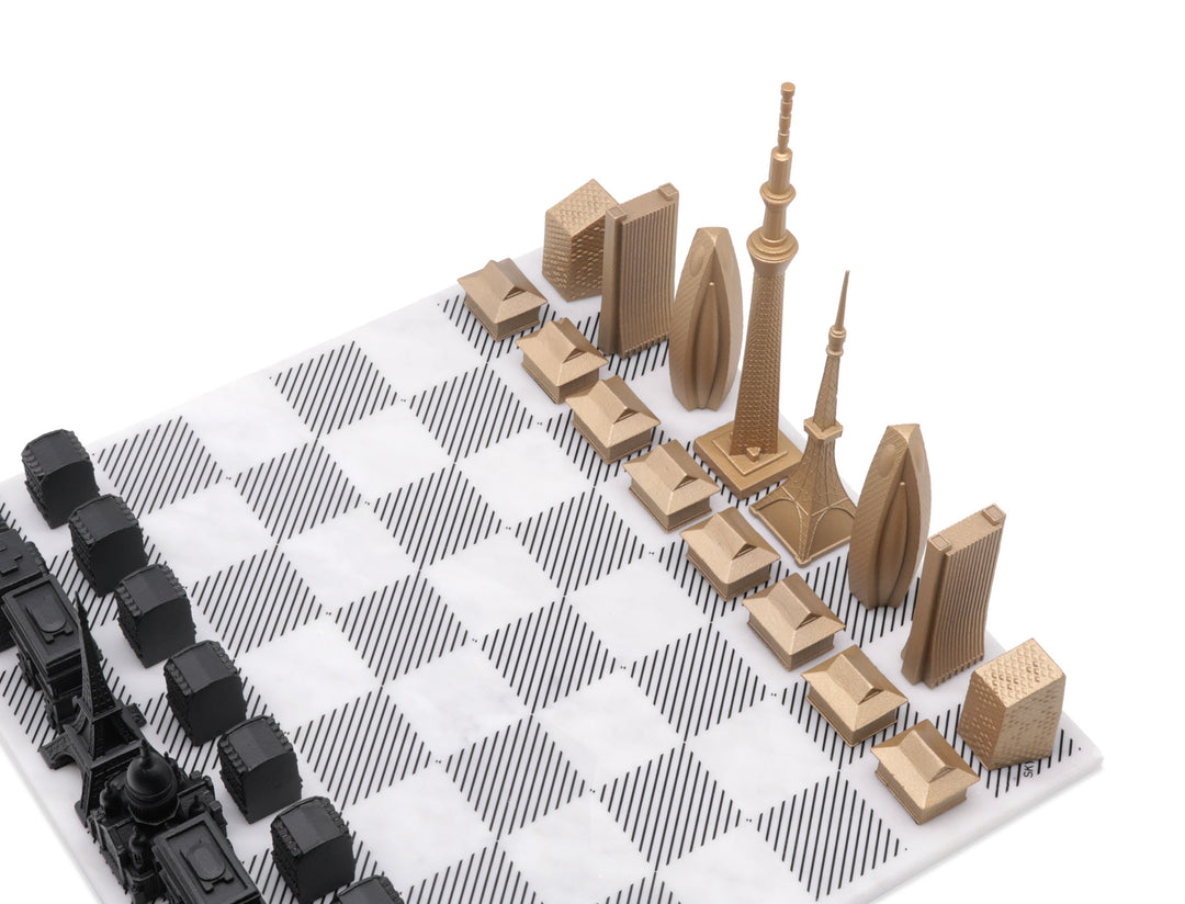 Skyline Chess Set, Doha Vs Dubai, Bronze, Corner View, Marble Board