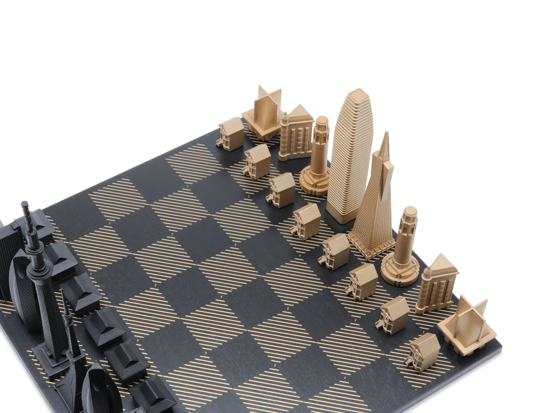 Skyline Chess Set, Tokyo vs San Francisco, Bronze, Corner View, Hatch Board