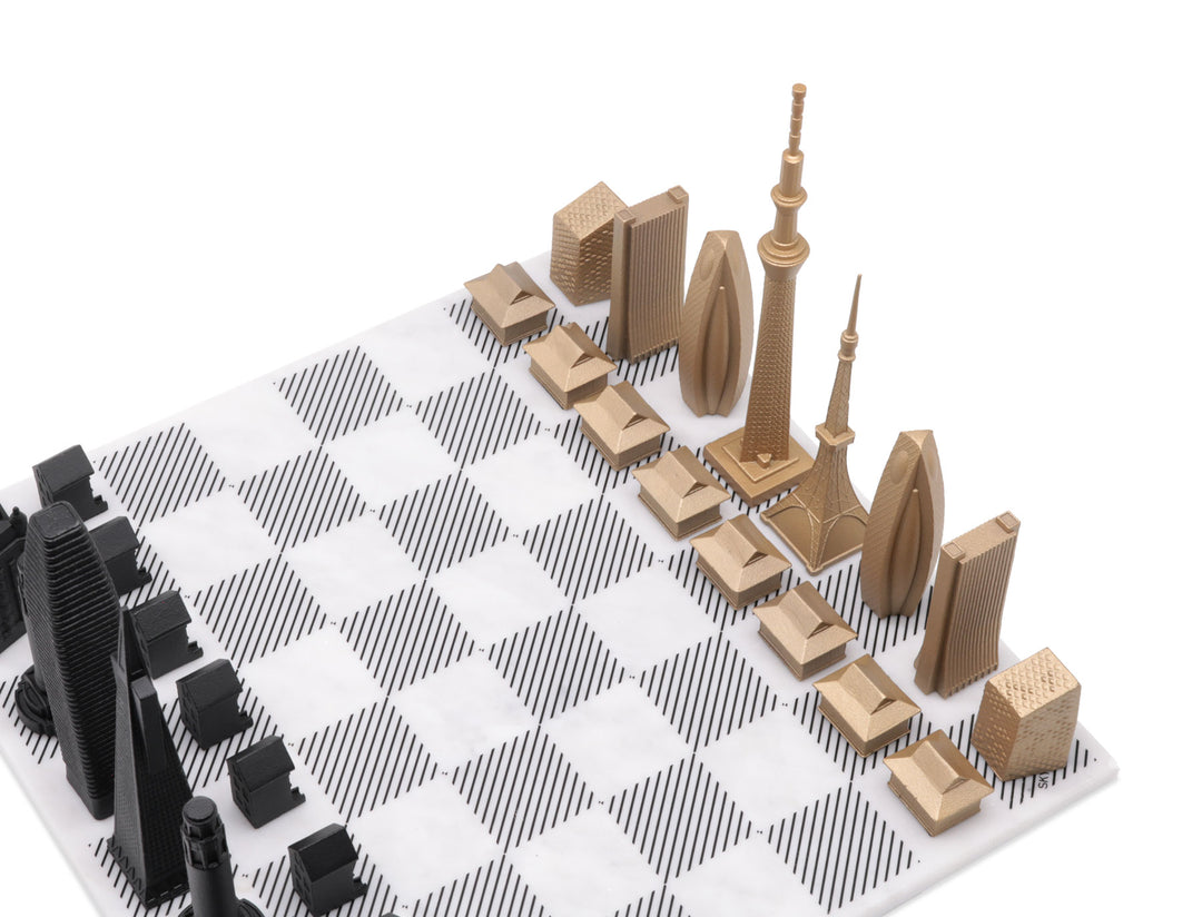 Skyline Chess Set, Doha Vs Chicago, Bronze, Corner View, Marble Board