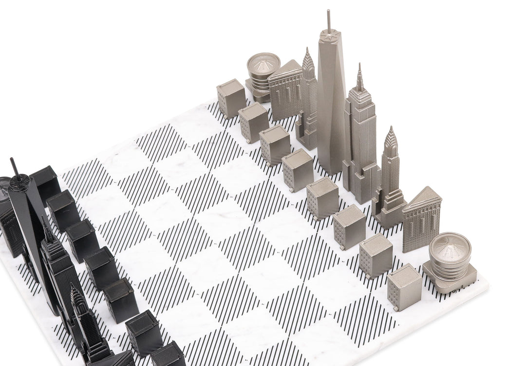 Skyline Chess Set, New York, Stainless Steel, Corner View, Marble Board