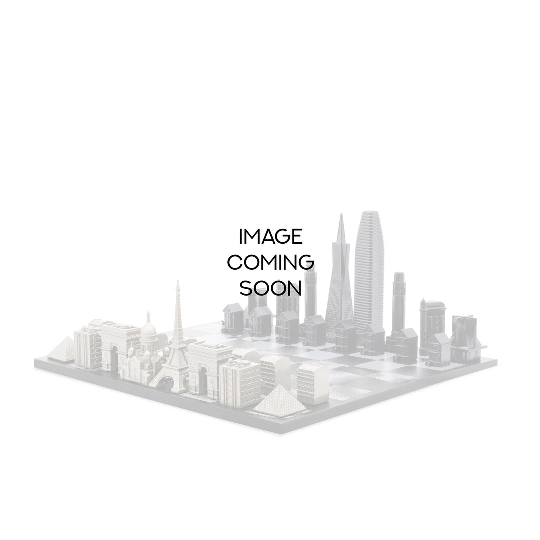 Skyline Chess Set, Chicago Vs. San Francisco, Steel Metal, Side View, Marble Board