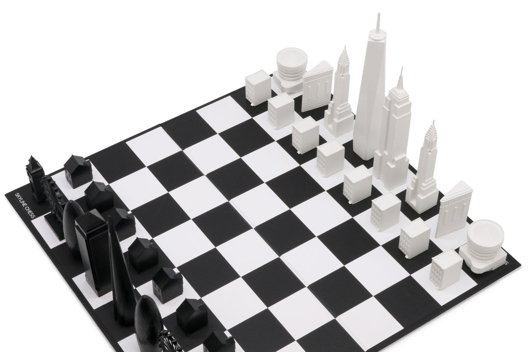 Skyline Chess Set, Tokyo Vs. Los Angeles, Acrylic, Corner View, Carrara Marble Board
