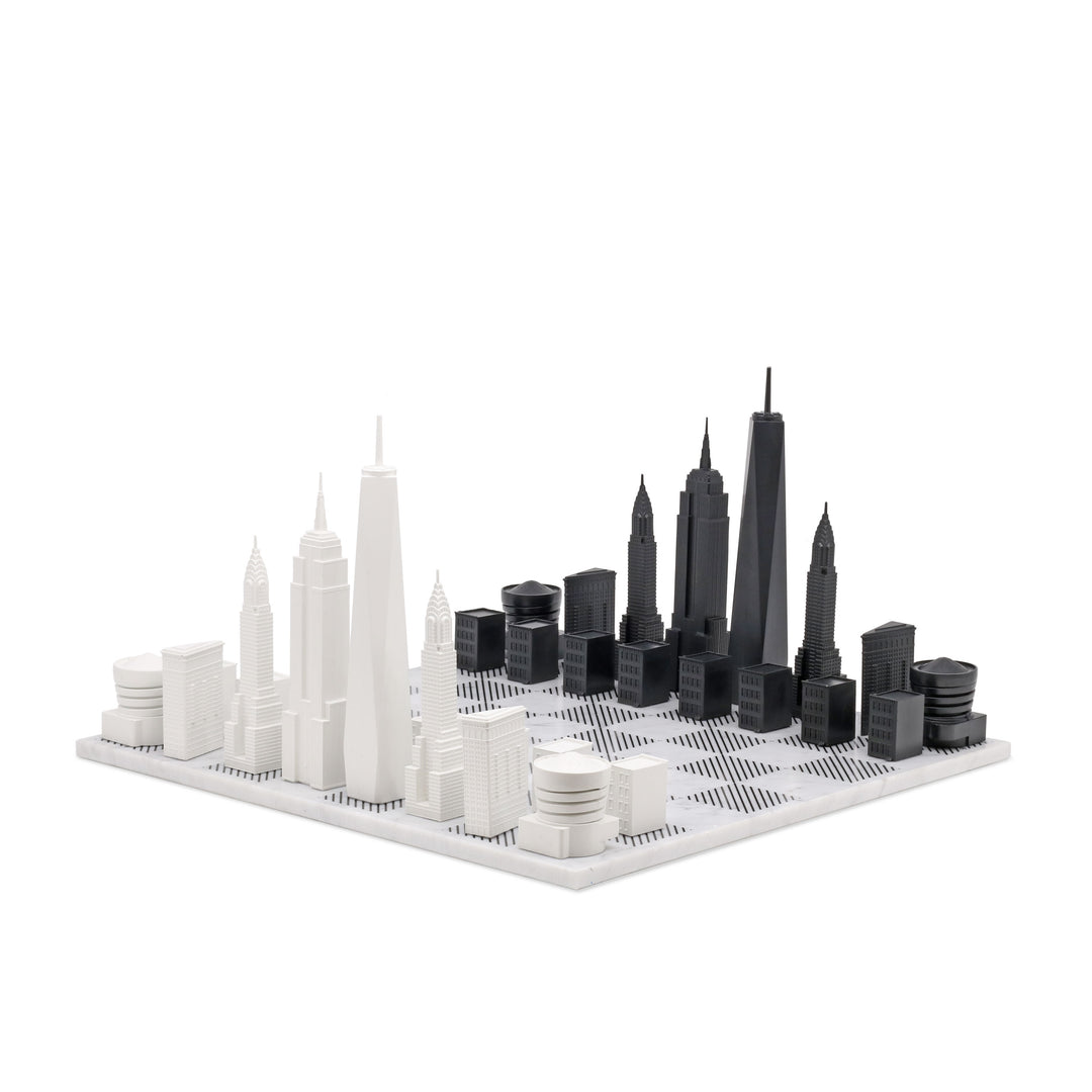 Skyline Chess Set, New York, Acrylic, Corner View, Marble Board