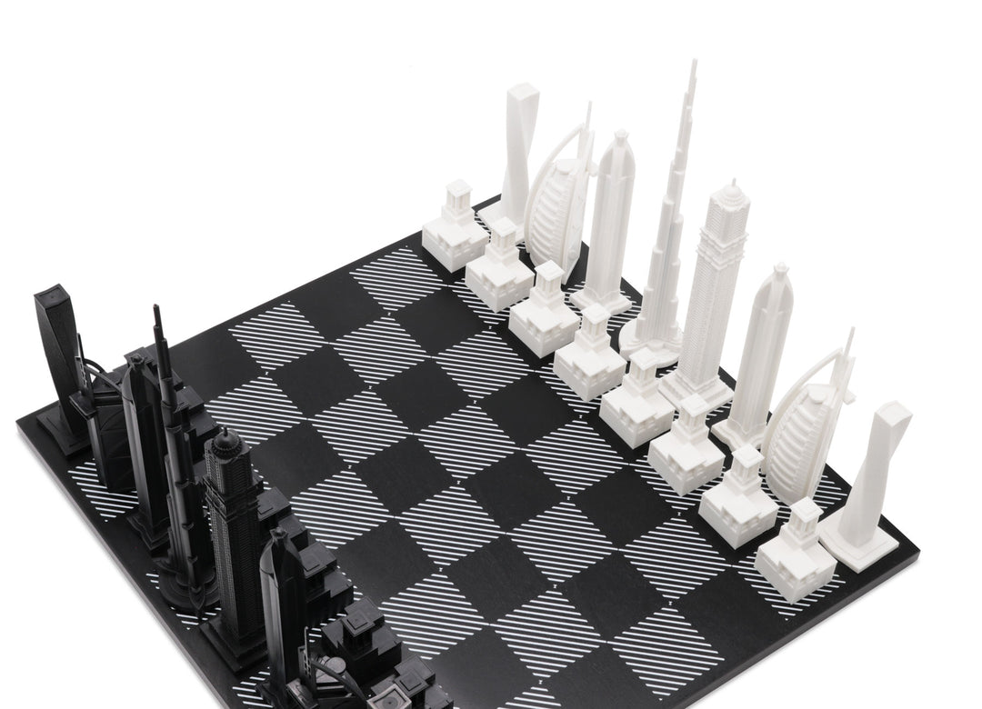 Skyline Chess Set, Dubai, Acrylic, Corner View, Hatch Board