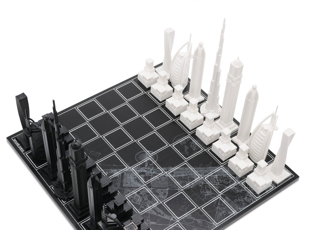 Skyline Chess Set, Dubai, Acrylic, Corner View, B/W Wooden Board