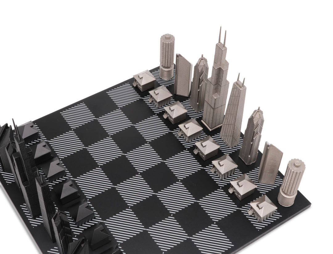 Skyline Chess Set, Chicago, Stainless Steel, Corner View, Hatch Board