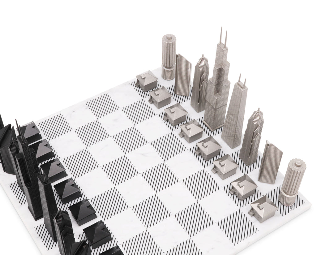 Skyline Chess Set, Chicago, Steel Metal, Corner View, Marble Board