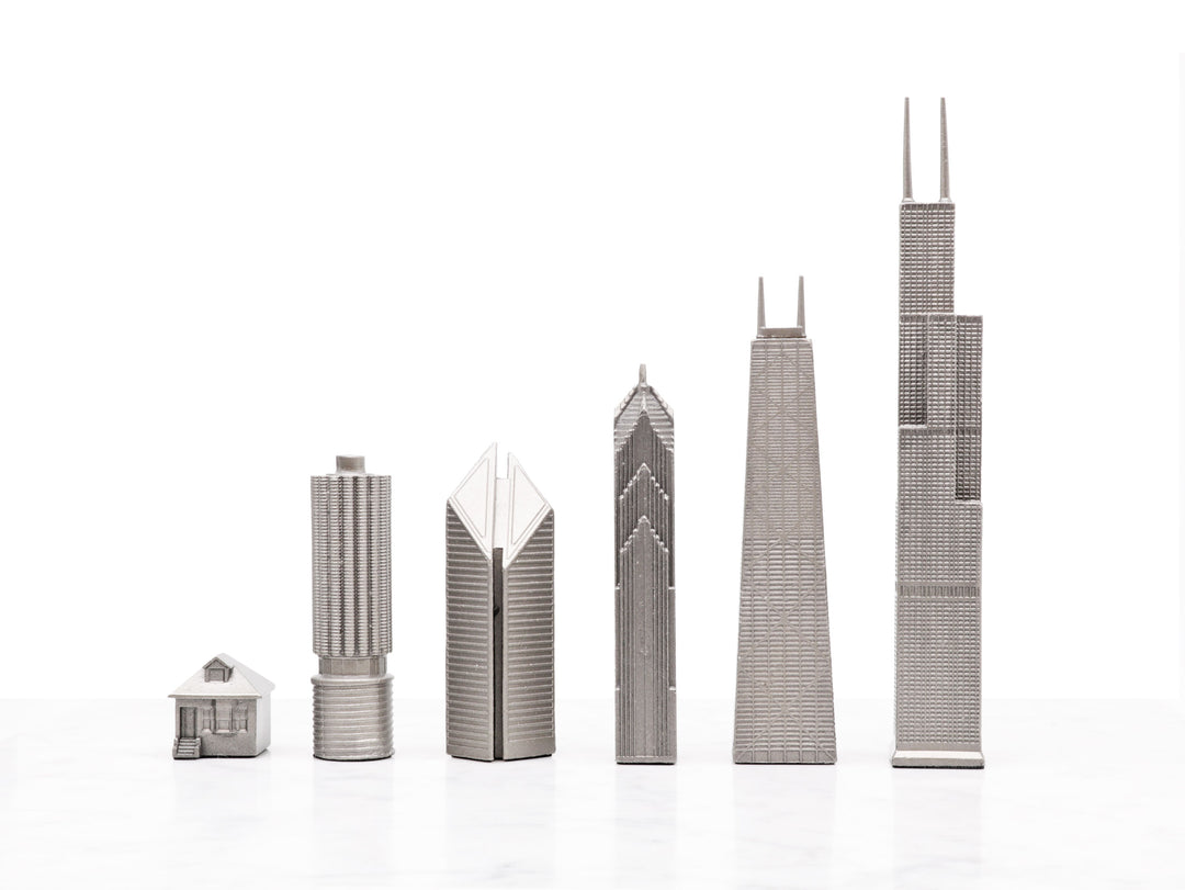 Skyline Chess Set, Chicago, Steel Metal, Side View, Wood Board