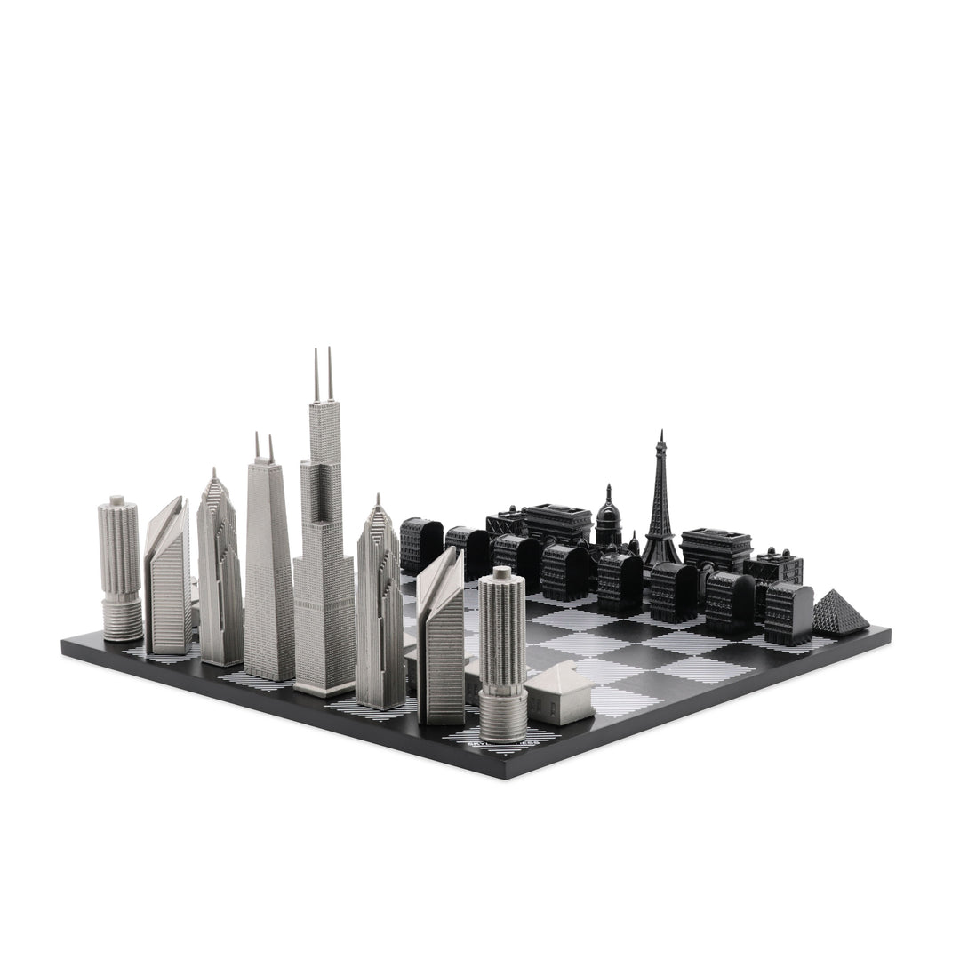 Skyline Chess Set, Chicago Vs Paris, Steel Metal, Corner View, Hatch Board