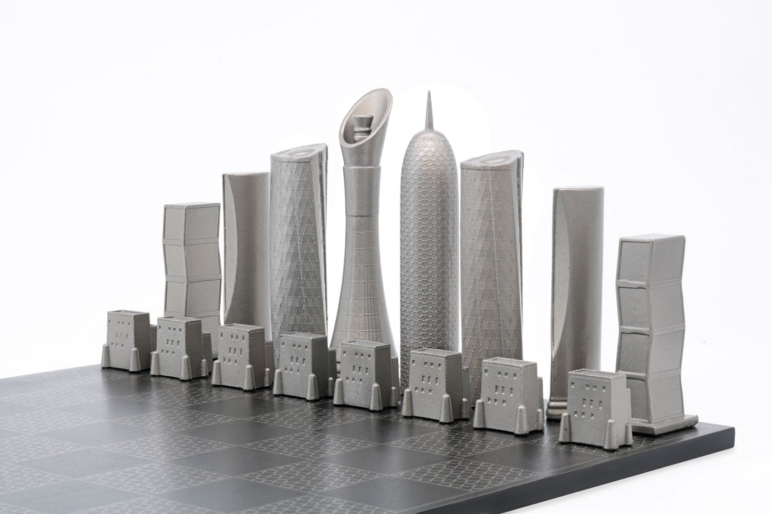 Skyline Chess Set, Doha, Steel Metal, Side View, Wood Board