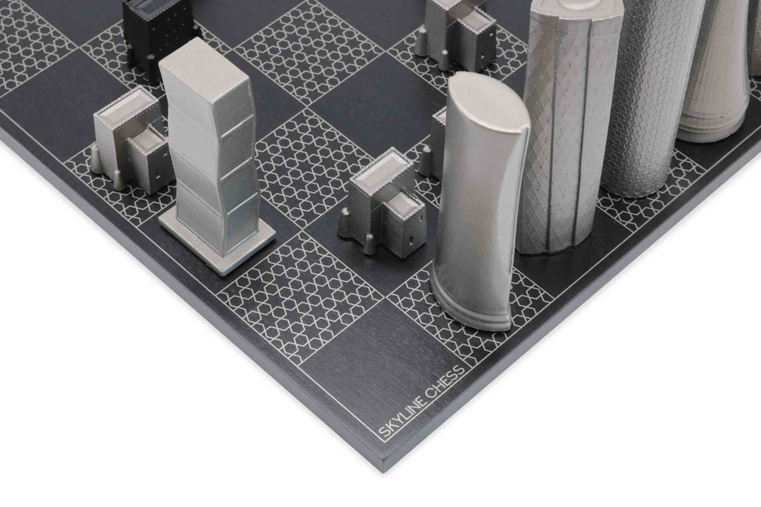 Skyline Chess Set, Doha, Steel Metal, Corner View, Wood Board