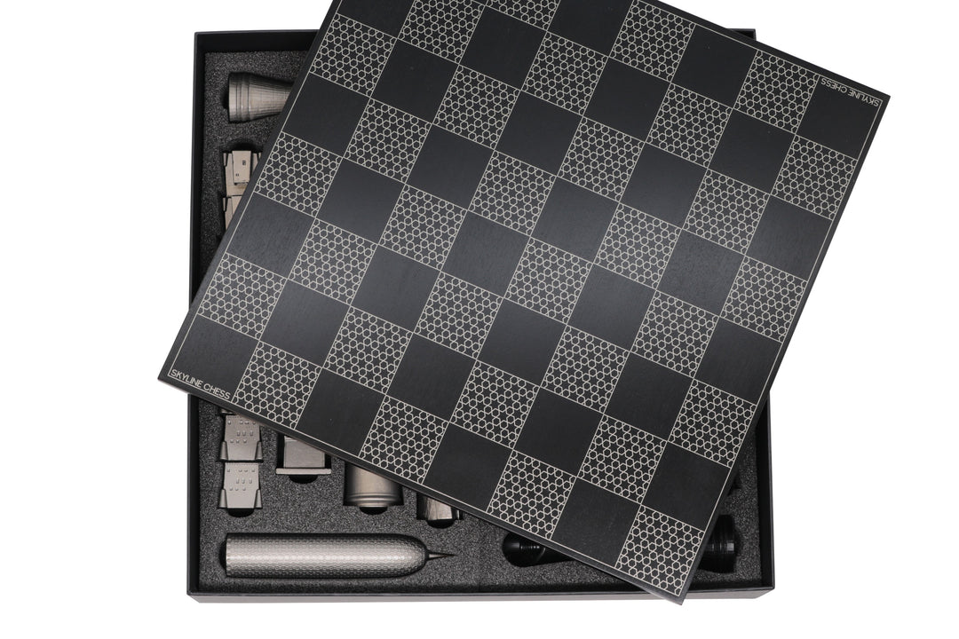 Skyline Chess Set, Doha, Steel Metal, Macro View, Wood Board