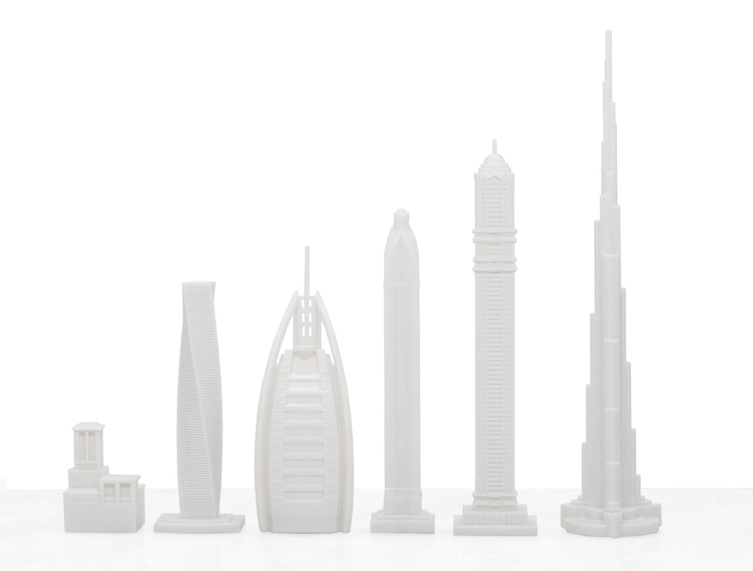 Skyline Chess Set, Dubai, Acrylic, Side View, White Board