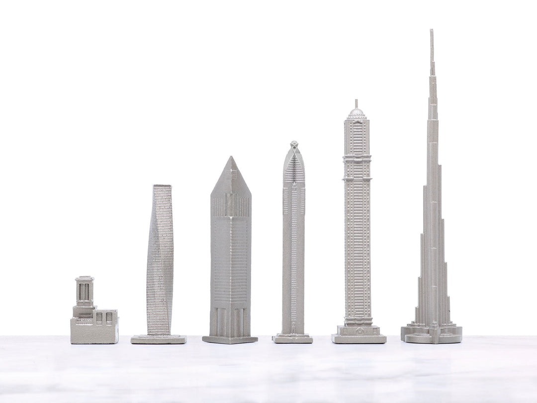 Skyline Chess Set, Dubai, Steel Metal, Side View, Wood Board