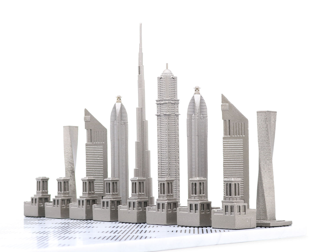 Skyline Chess Set, Dubai, Stainless Steel, Angle View, Marble Board