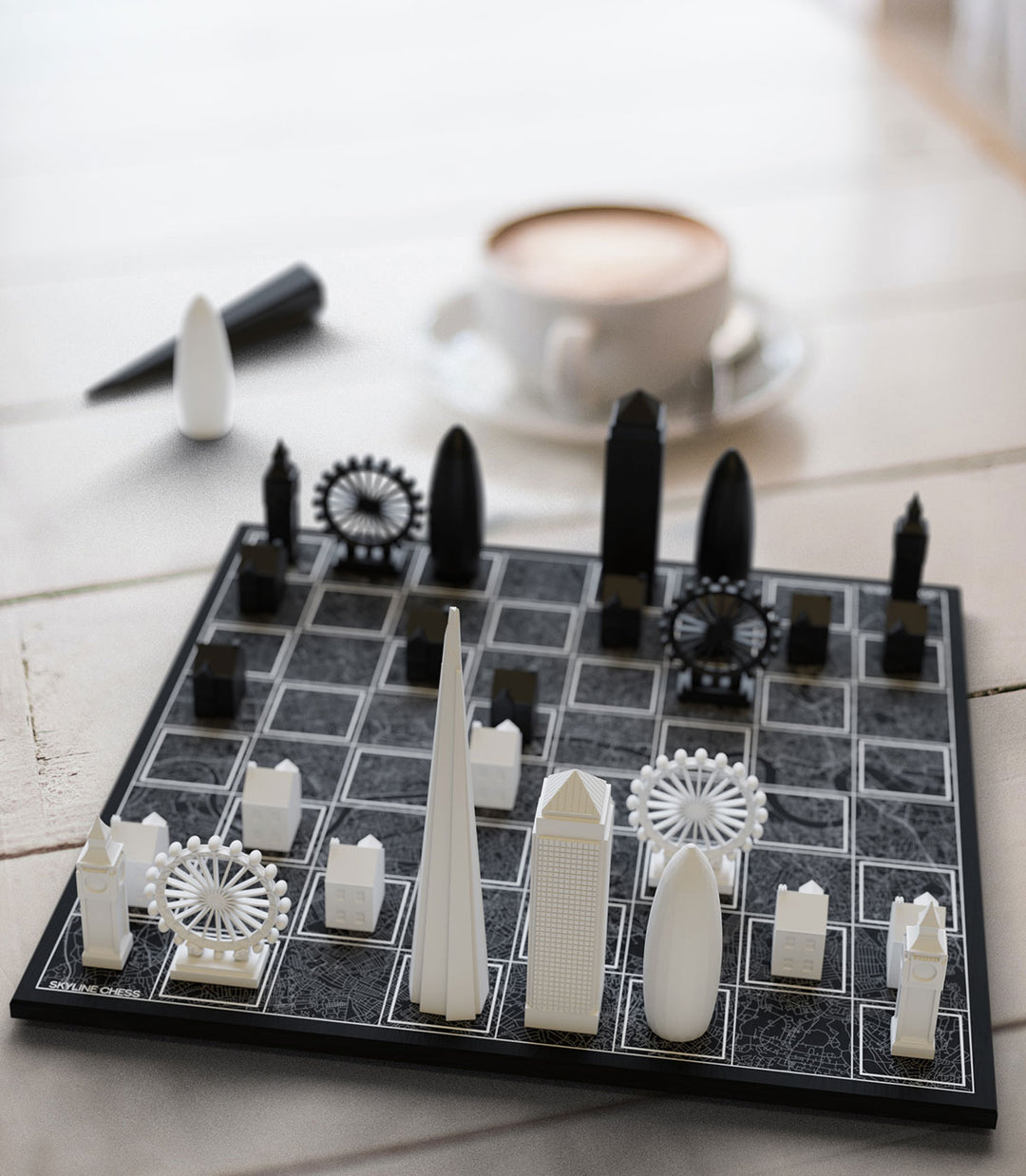 Skyline Chess Set, London, Acrylic, Lifestyle View, Carrara Marble Board