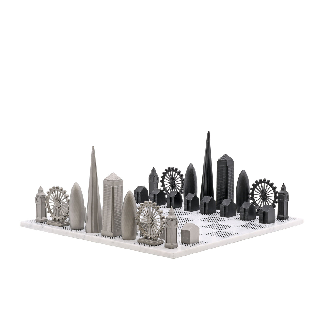 Skyline Chess Set, London, Stainless Steel, Corner View, Marble Board