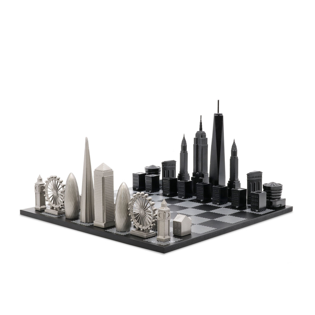 Skyline Chess Set, London Vs. New York, Steel Metal, Side View, Hatch Board