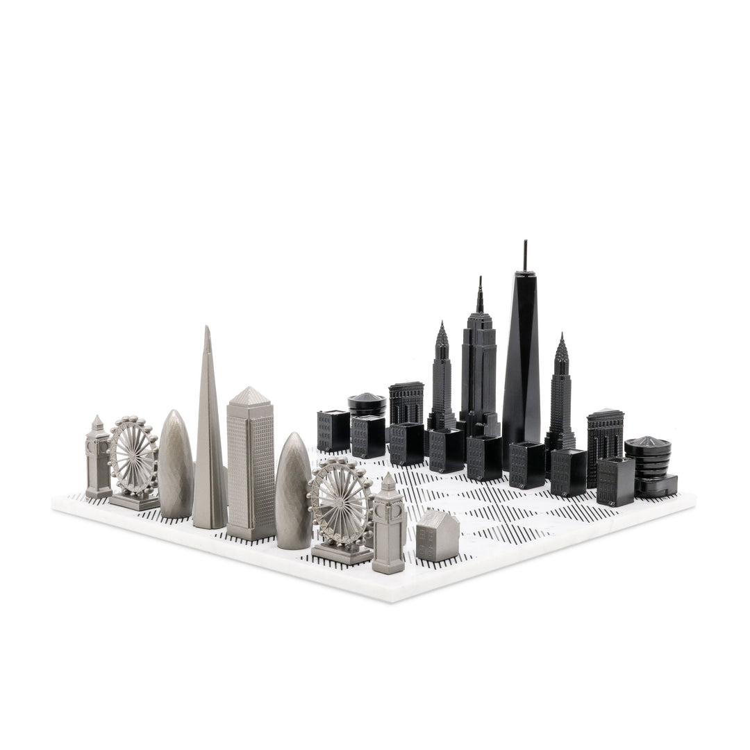 Skyline Chess Set, Paris Vs. London, Steel Metal, Corner View, Marble Board