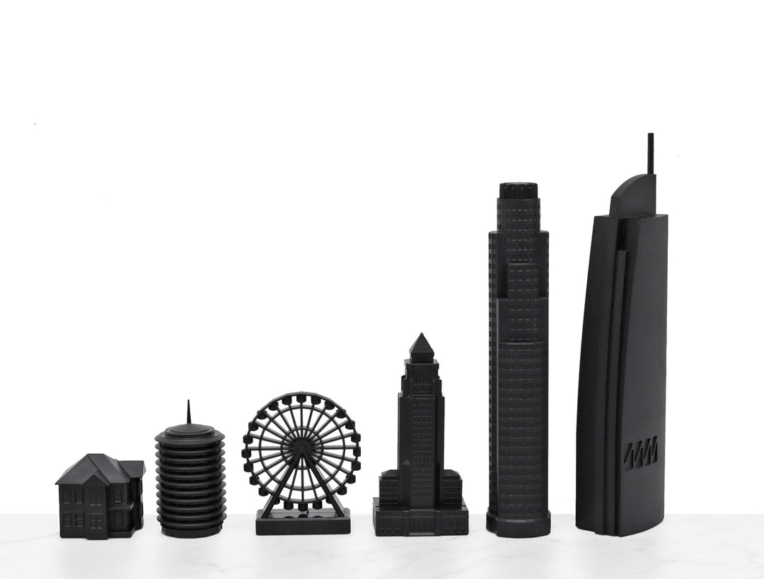 Skyline Chess Set, Los Angeles, Acrylic, Elevation View, Wood Board