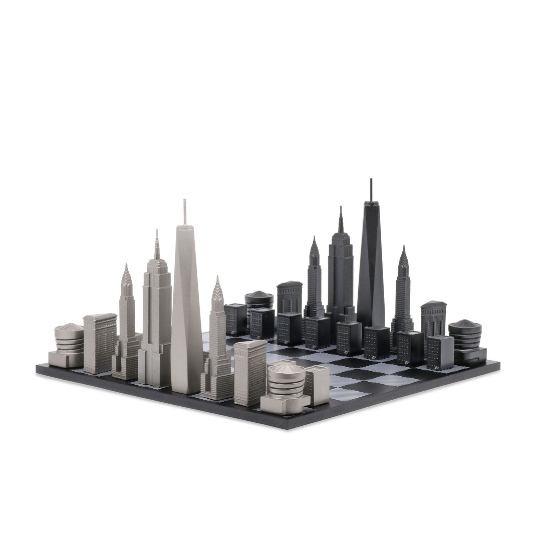 Skyline Chess Set, New York, Steel Metal, Corner View, Hatch Board