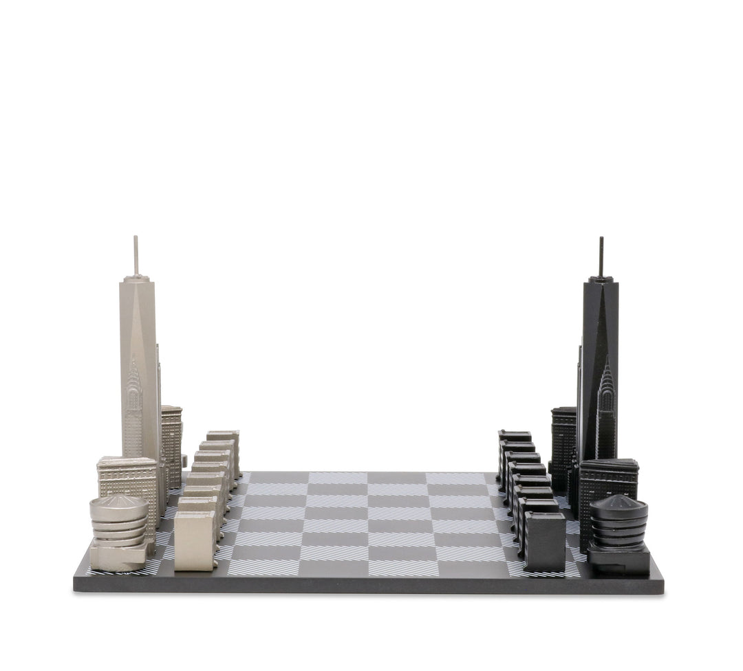 Skyline Chess Set, New York, Steel Metal, Side View, Hatch Board