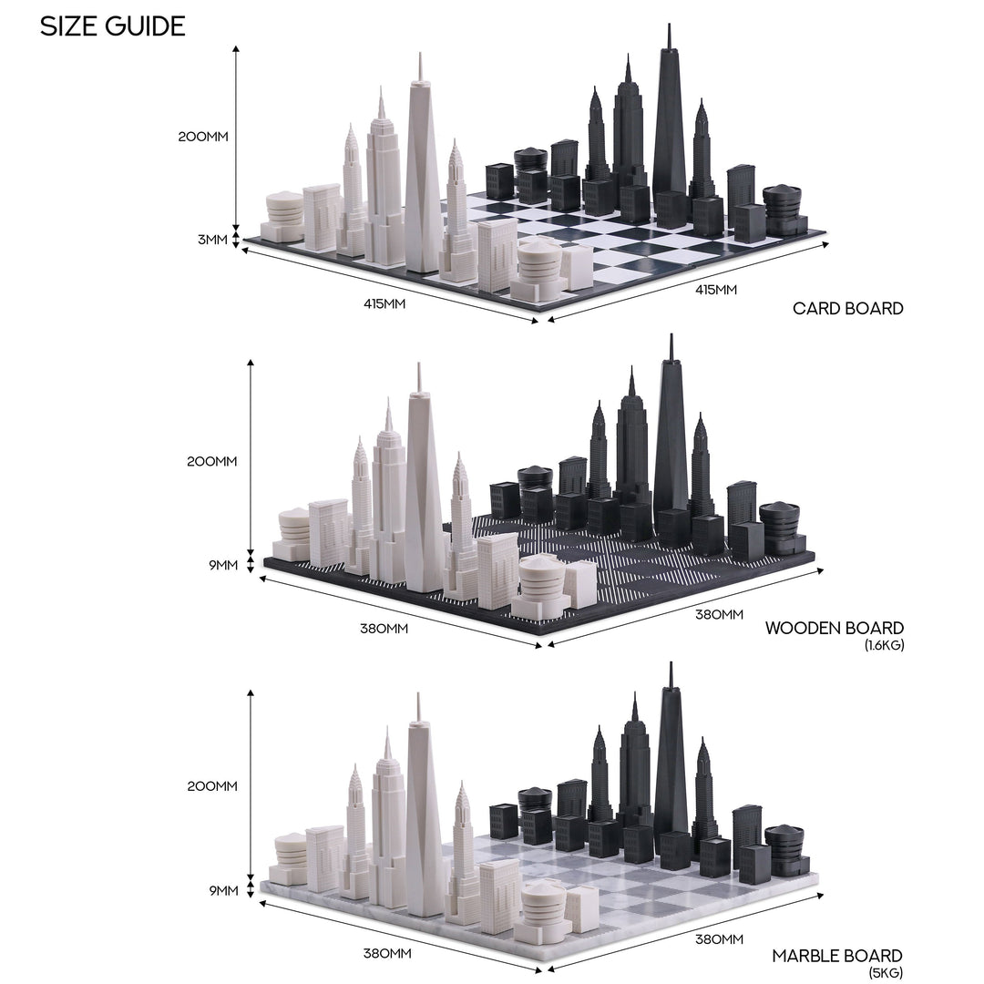 Skyline Chess Set, New York, Acrylic, Top View, Wood Board
