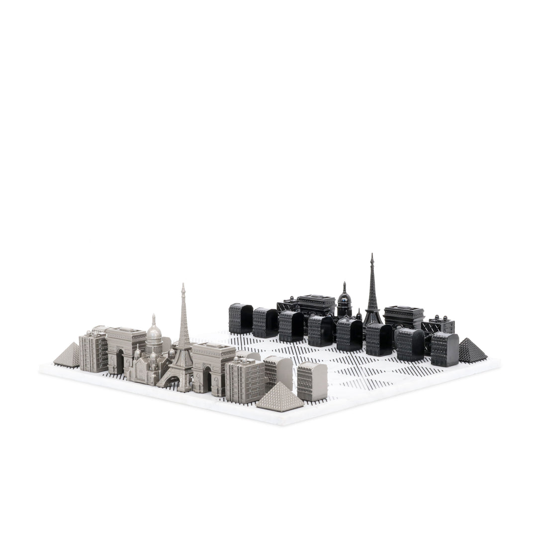 Skyline Chess Set, Paris, Steel Metal, Corner View, Marble Board