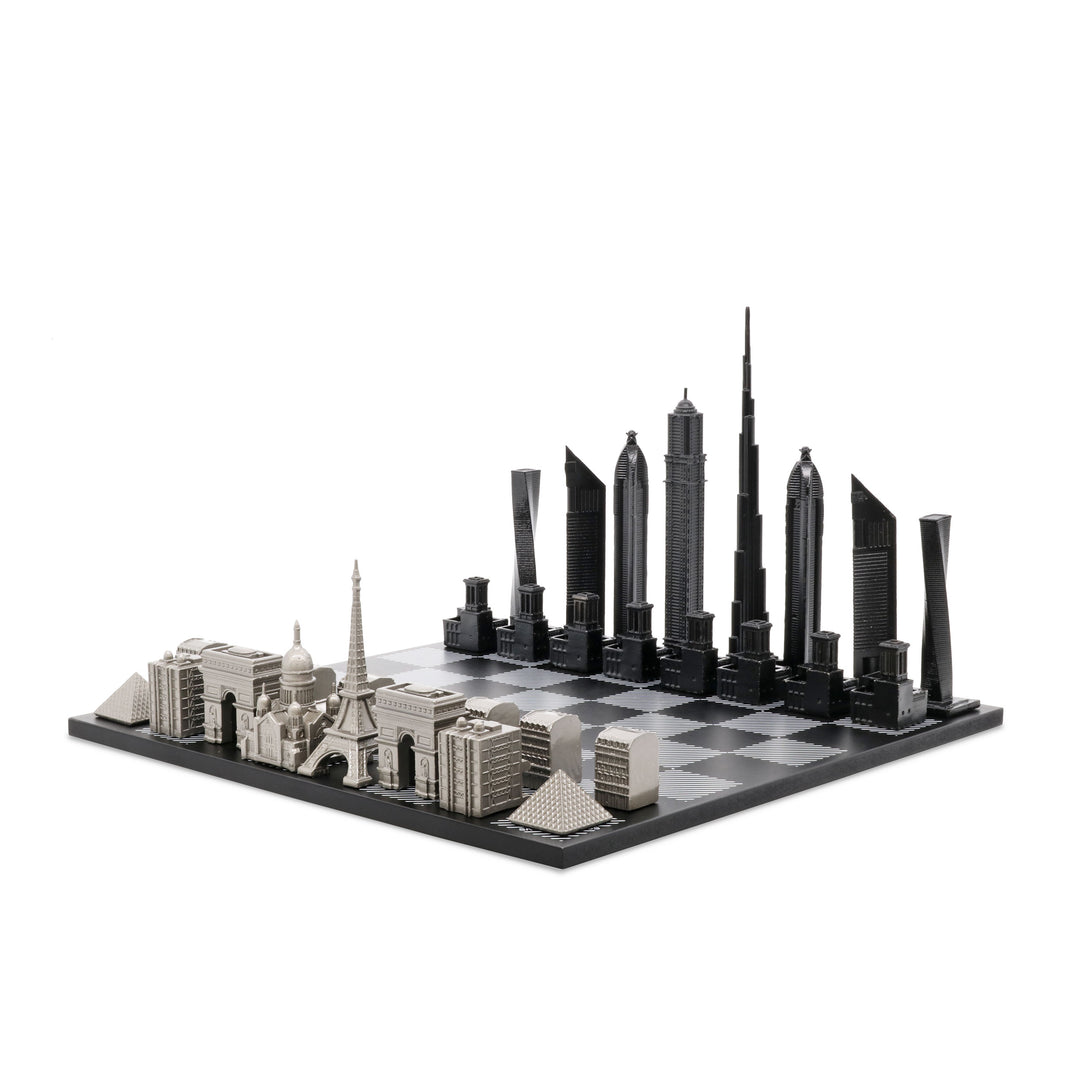 Skyline Chess Set, Chicago Vs. Dubai, Stainless Steel, Side View, Marble Board