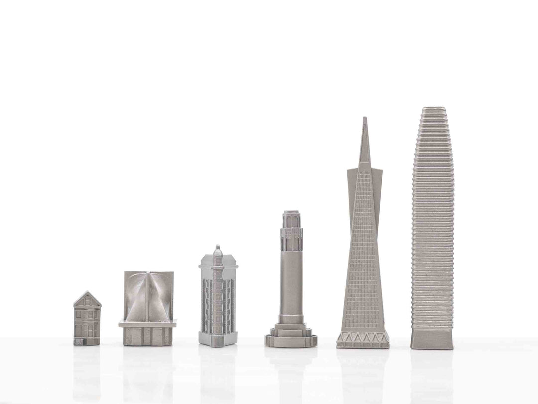 Skyline Chess Set, San Francisco, Steel Metal, Side View, Wood Board