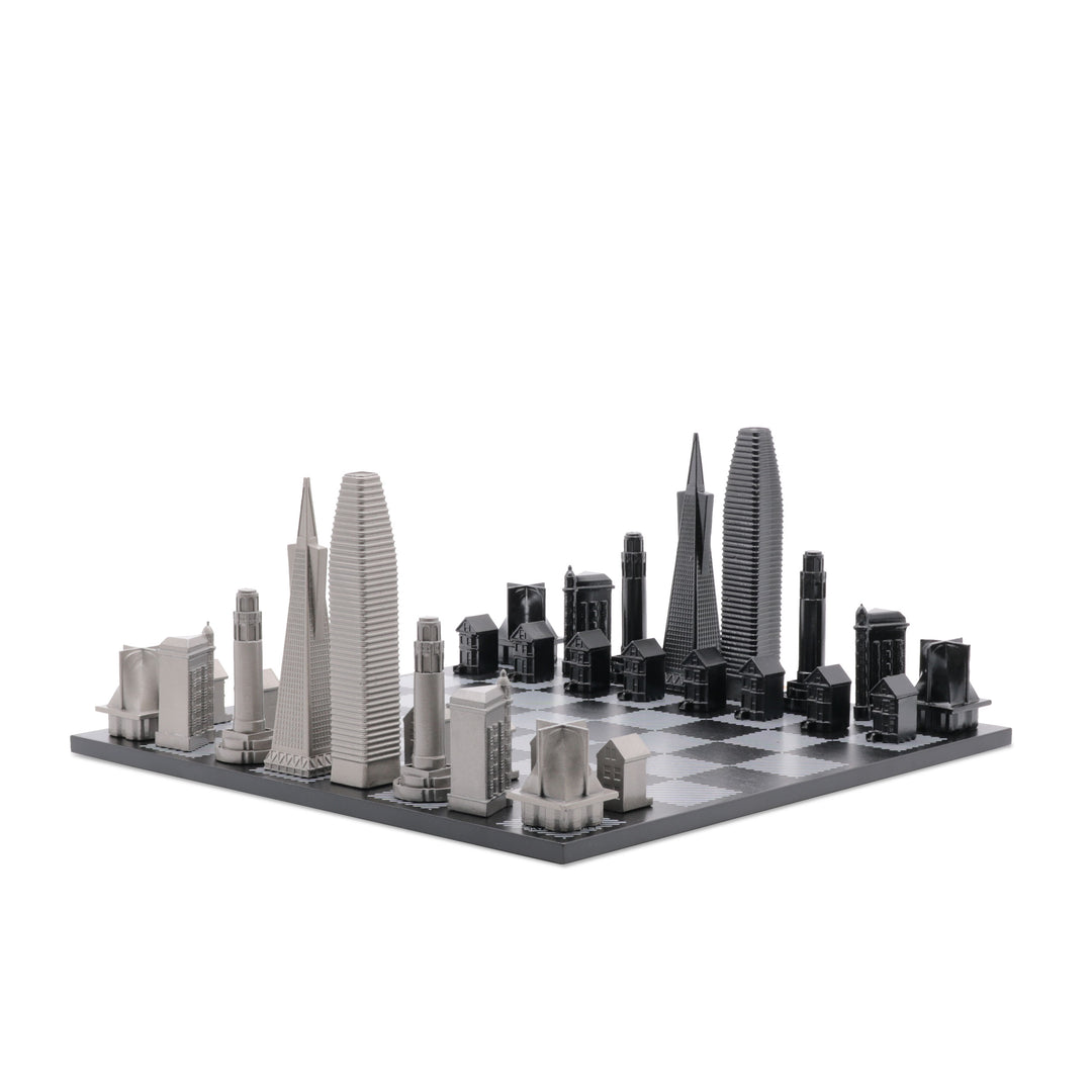 Skyline Chess Set, San Francisco, Stainless Steel, Side View, Hatch Board
