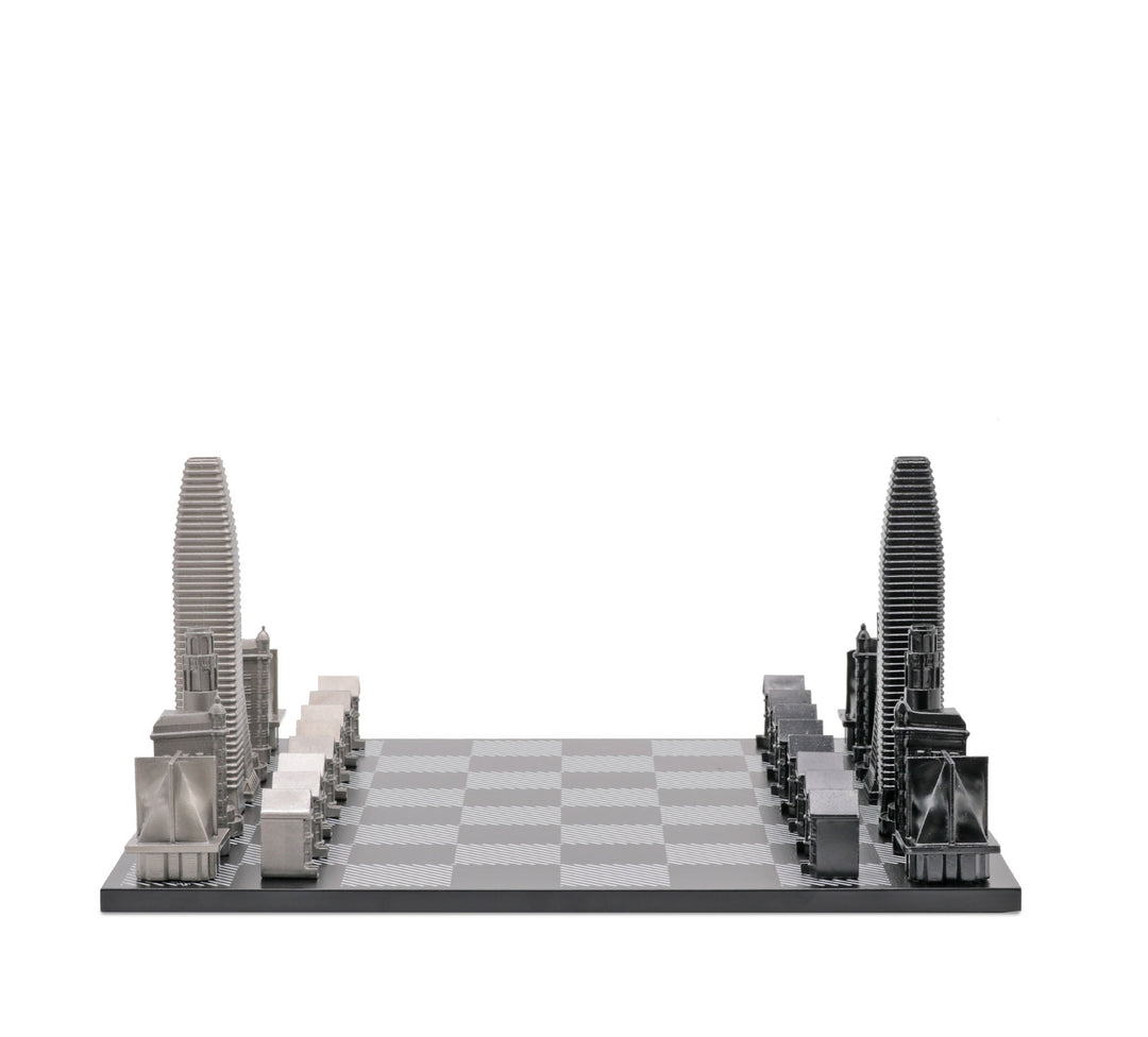 Skyline Chess Set, San Francisco, Steel Metal, Side View, Hatch Board