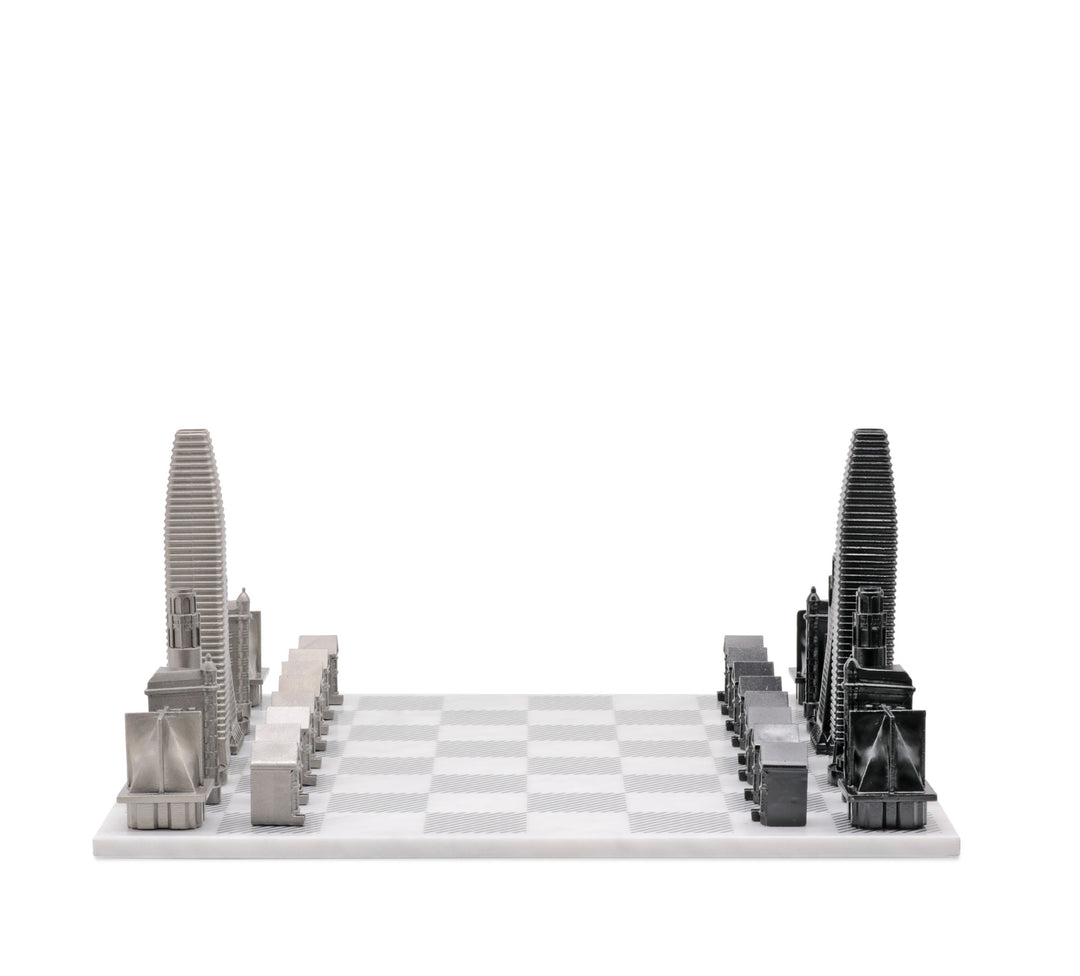 Skyline Chess Set, San Francisco, Steel Metal, Side View, Marble Board
