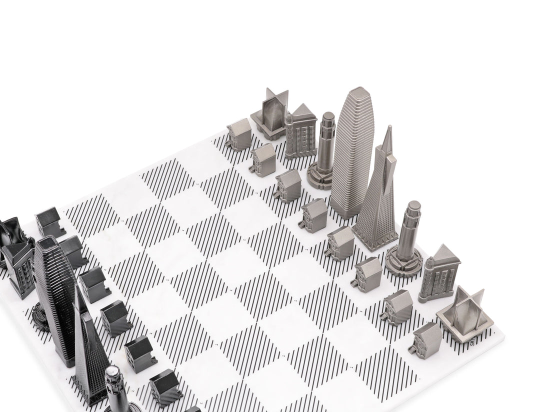 Skyline Chess Set, San Francisco, Stainless Steel, Corner View, Marble Board