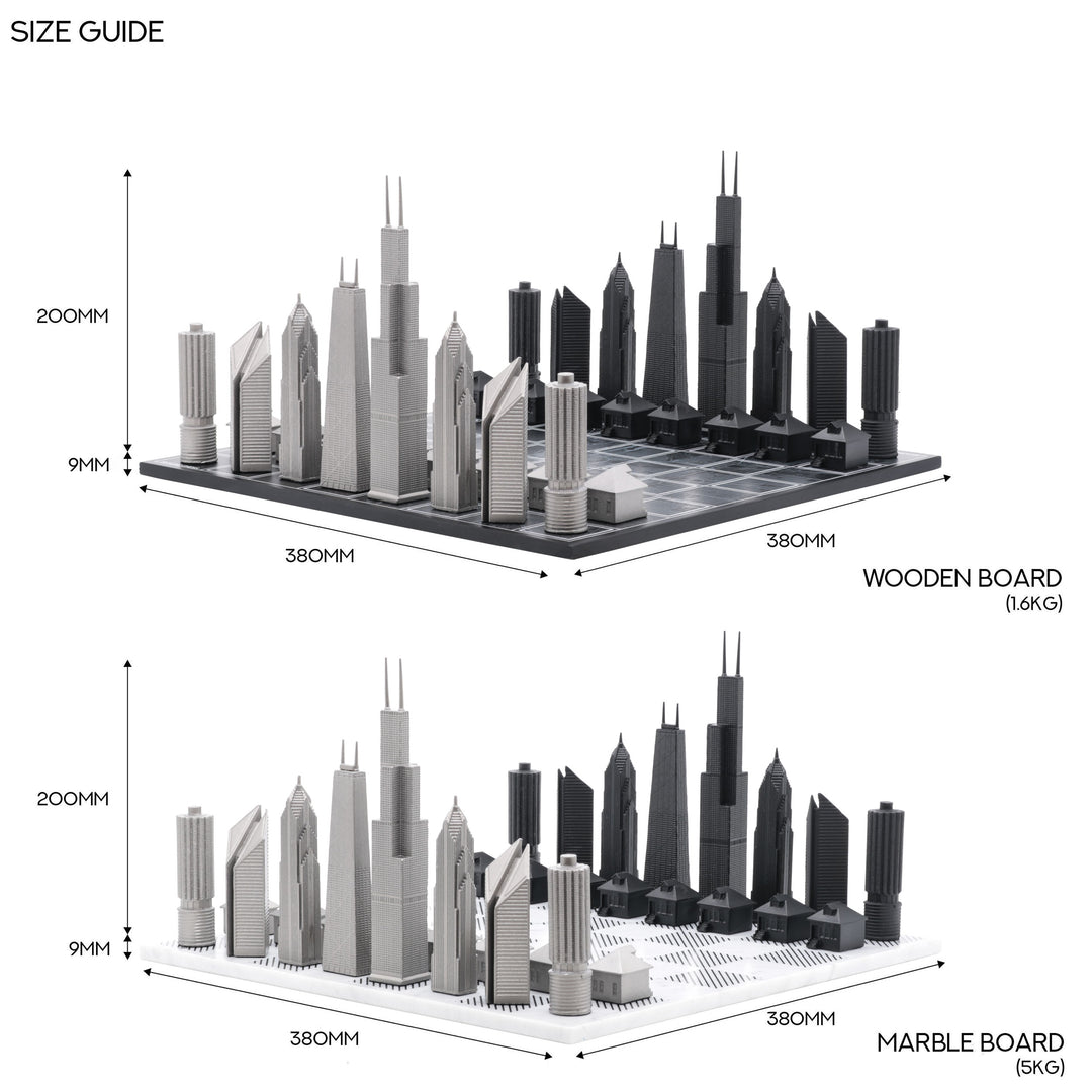 Skyline Chess Set, Chicago, Steel Metal, Top View, Wood Board