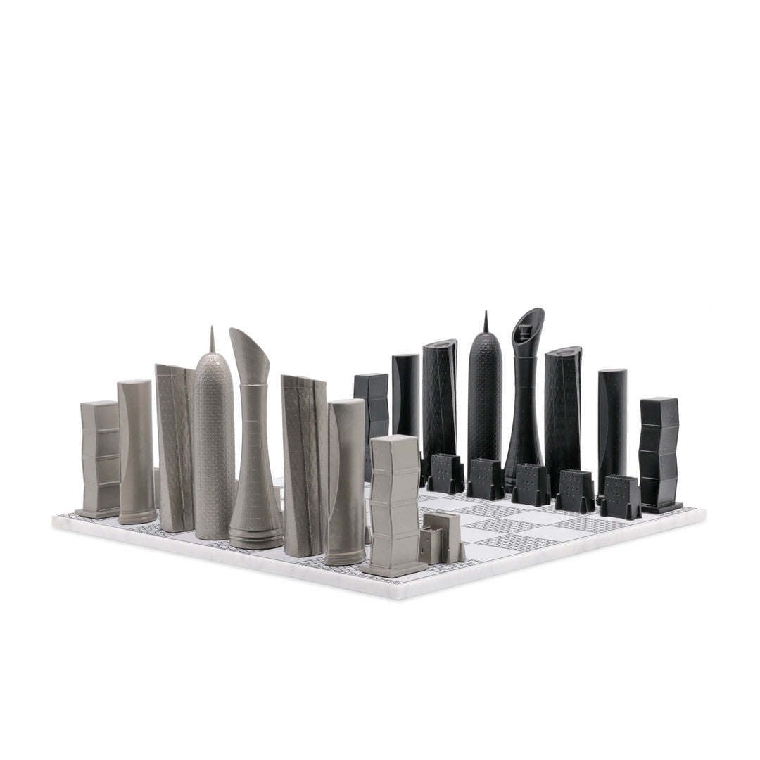 Skyline Chess Set, Doha, Steel Metal, Corner View, Marble Board