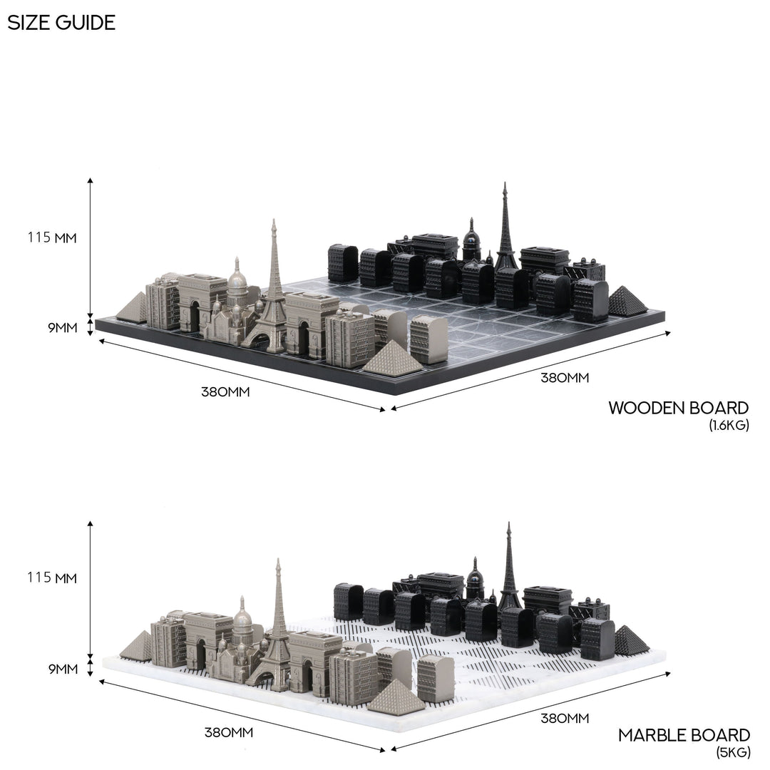 Skyline Chess Set, Paris, Steel Metal, Side View, Wood Board