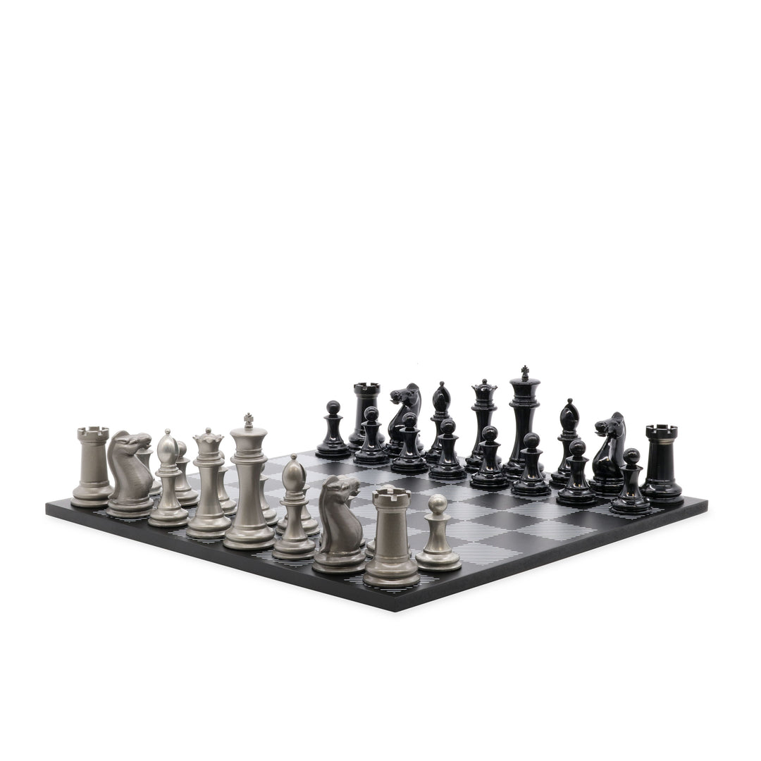 Skyline Chess Set, Staunton, Steel Metal, Corner View, Marble Board