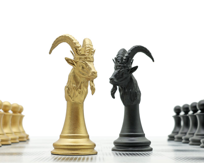 Custom Chess Sets by Skyline Chess for Goat - Metal Bronze Chess on marble board