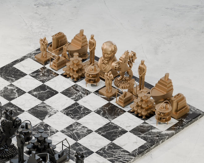 Custom Chess Sets by Skyline Chess for Cunard Cruises - Metal Bronze Chess on marble board