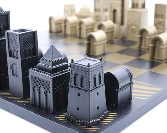 Custom Chess Sets by Skyline Chess for Morocco - Metal Bronze Chess on marble board