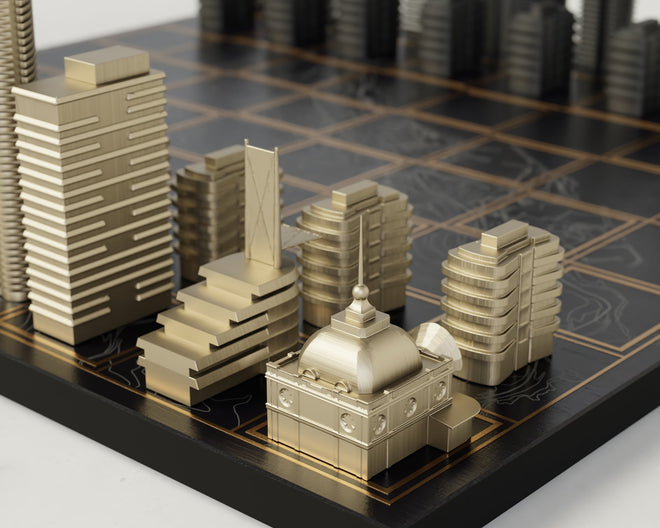 Custom Chess Sets by Skyline Chess for Monaco - Metal Bronze Chess on wooden board