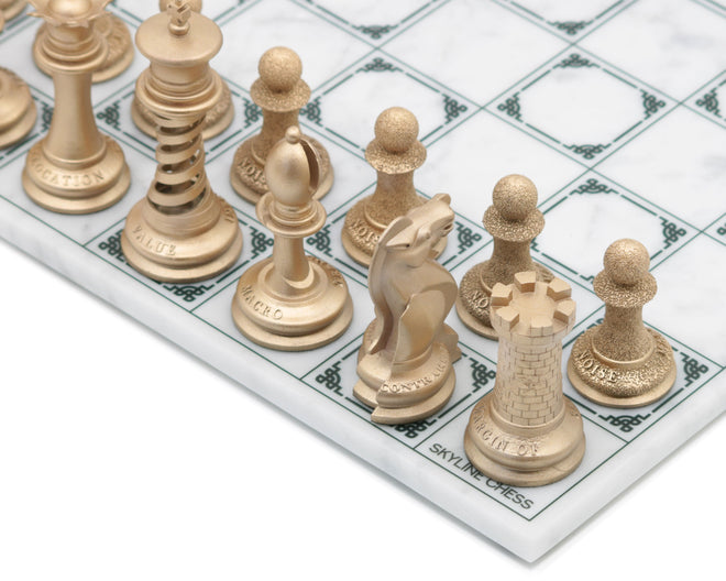 Custom Chess Sets by Skyline Chess for Mavik - Metal Bronze Chess on marble board
