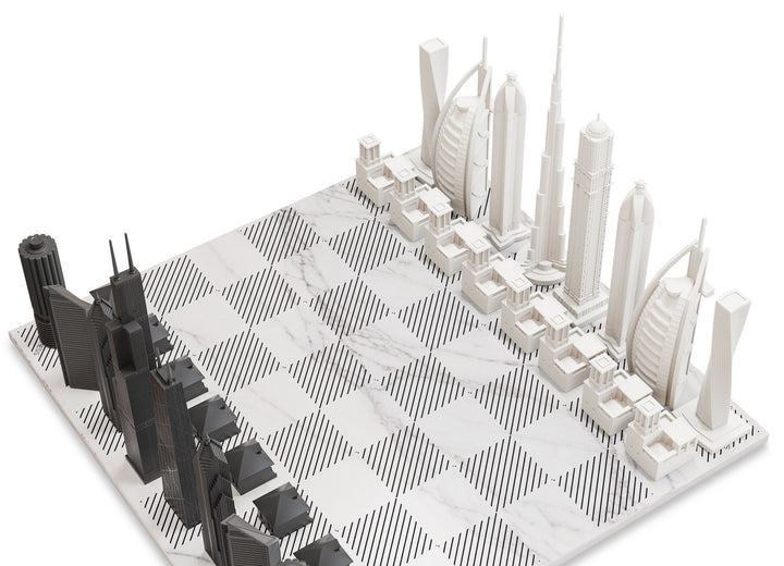 Skyline Chess Set, Chicago Vs Dublin, Acrylic, Side View, Marble Board
