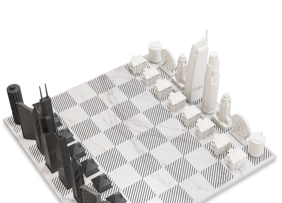 Skyline Chess Set, Chicago vs Los Angeles, Acrylic, Corner View, Marble Board