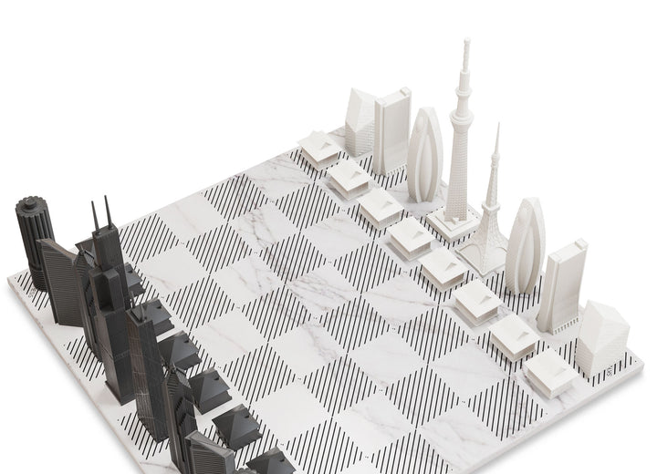 Skyline Chess Set, Chicago Vs Tokyo, Acrylic, Corner View, Marble Board