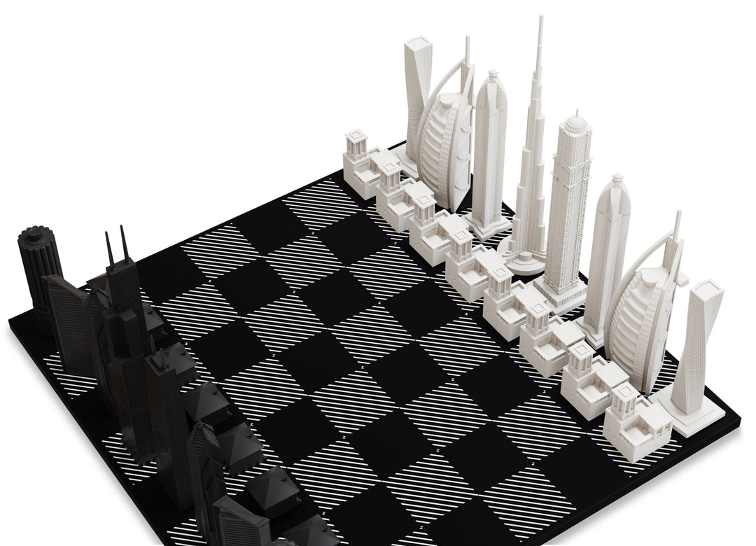 Skyline Chess Set, Chicago Vs Dubai, Acrylic, Hatch Board