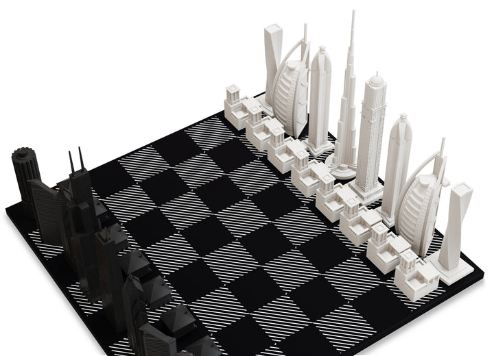 Skyline Chess Set, Chicago Vs Dubai, Acrylic, Hatch Board