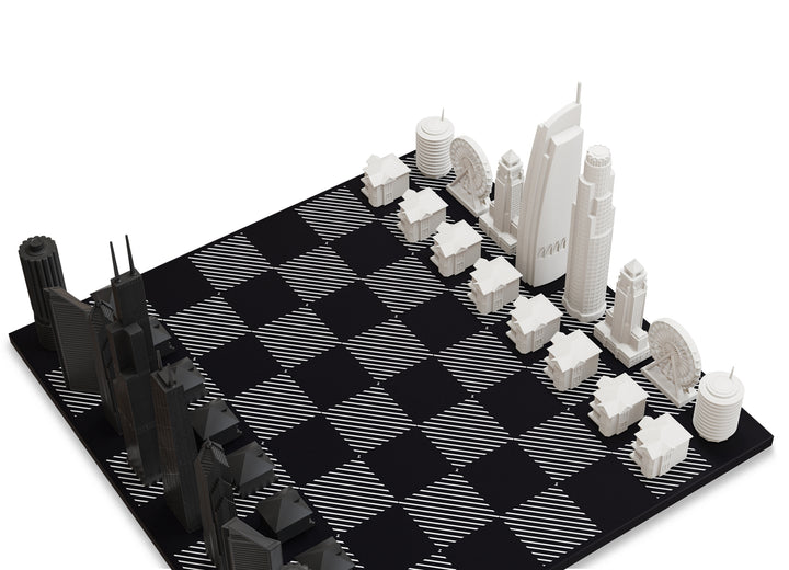 Skyline Chess Set, Chicago Vs Los Angeles, Acrylic, Side View, Hatch Board